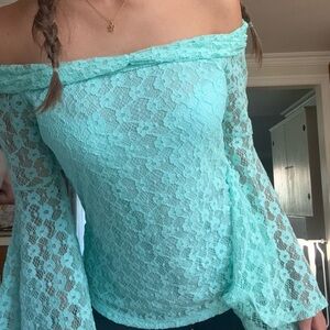 VENUS fairy blue lace off the shoulder bell sleeve top! A fairy grail.